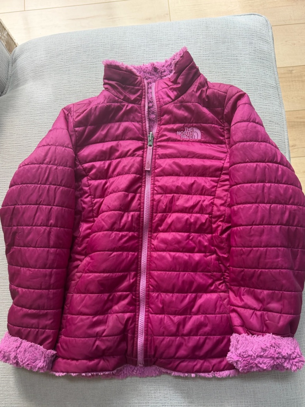 The North Face Girls' Magenta Puffer Jacket with Fleece Trim Girls Size L 14/16